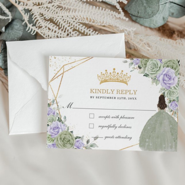 Tarjeta De Confirmación De Asistencia Quinceañera 16 cumpleaños Sage Green Lavender Flor (Subido por el creador)