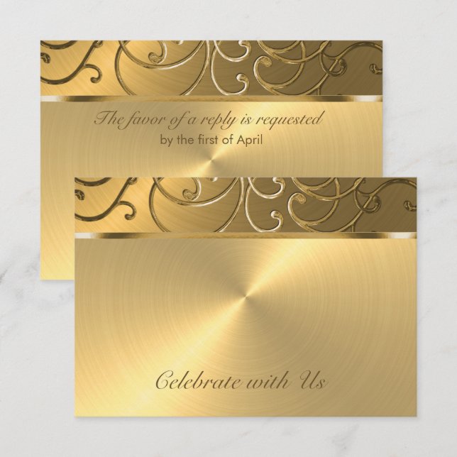 Tarjeta De Confirmación De Asistencia Quinceanera All Gold Filigree Swirly Border (Anverso / Reverso)