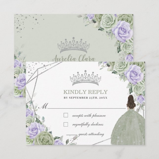 Tarjeta De Confirmación De Asistencia Quinceañera Birthday Sage Green Lavender Floral (Anverso / Reverso)