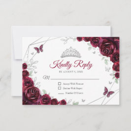 Tarjeta De Confirmación De Asistencia Quinceanera Burgundy Silver Floral Reply