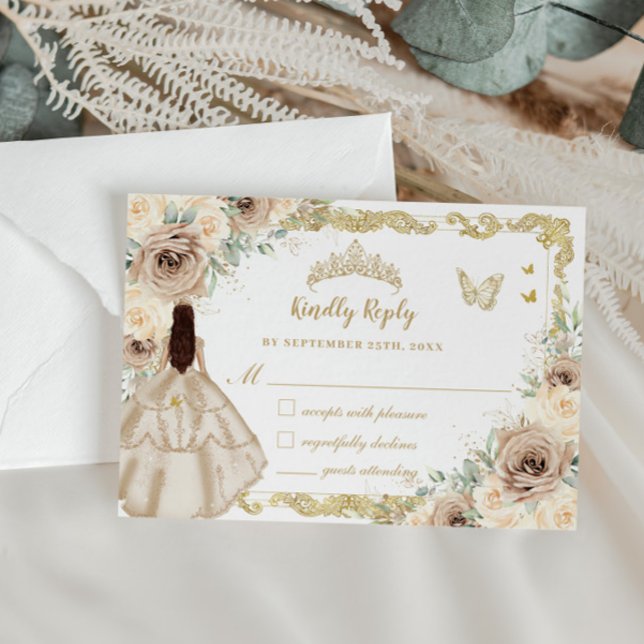 Tarjeta De Confirmación De Asistencia Quinceañera Champagne Cream Vestido Floral Princes (Subido por el creador)