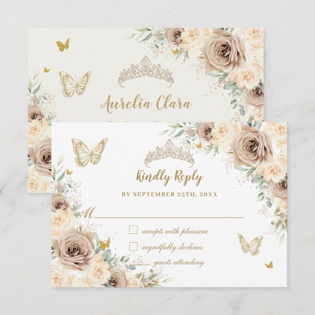 Tarjeta De Confirmación De Asistencia Quinceañera Champagne Gold Floral Butterflies (Anverso / Reverso)