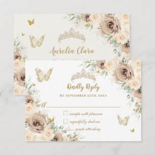Tarjeta De Confirmación De Asistencia Quinceañera Champagne Gold Floral Butterflies