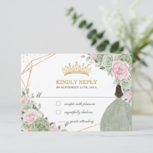 Tarjeta De Confirmación De Asistencia Quinceañera Cumpleaños Sage Green Soft Floral rosa