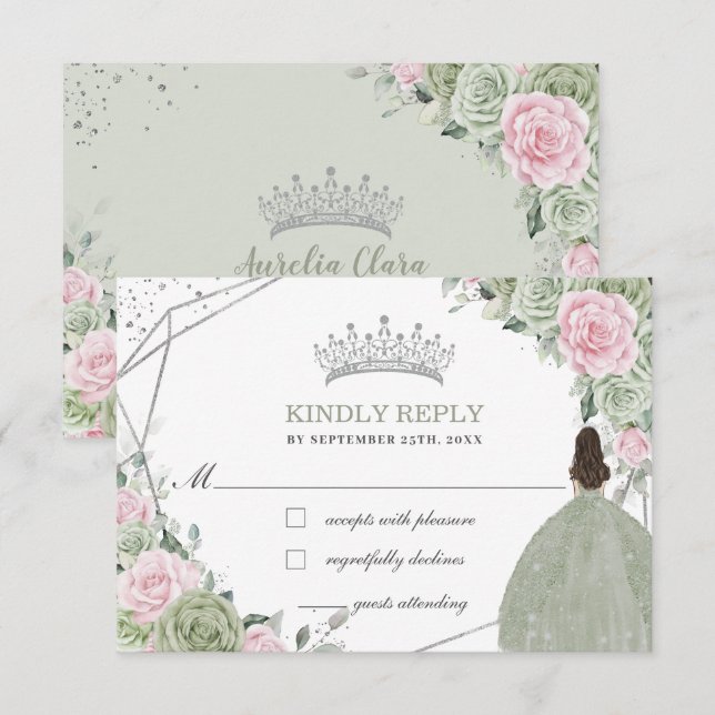 Tarjeta De Confirmación De Asistencia Quinceañera Cumpleaños Sage Green Soft Floral rosa (Anverso / Reverso)