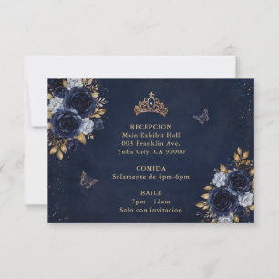 Tarjeta De Confirmación De Asistencia Quinceañera de mariposa floral dorada y azul marin