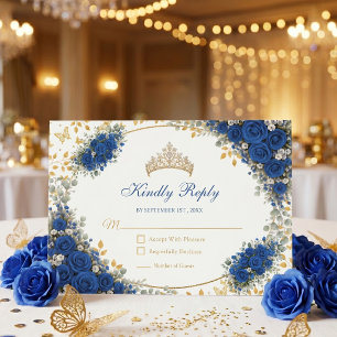 Tarjeta De Confirmación De Asistencia Quinceañera de Mariposas Doradas Azul Real