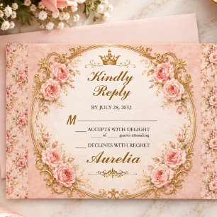Tarjeta De Confirmación De Asistencia Quinceañera Elegante Rosa Dorado 15º 