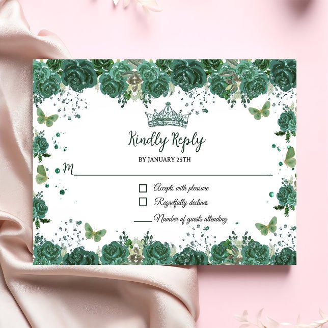 Tarjeta De Confirmación De Asistencia Quinceañera Emerald Green Floral Butterflies Tiara (Subido por el creador)