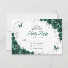 Tarjeta De Confirmación De Asistencia Quinceanera Emerald Green Silver Floral Reply