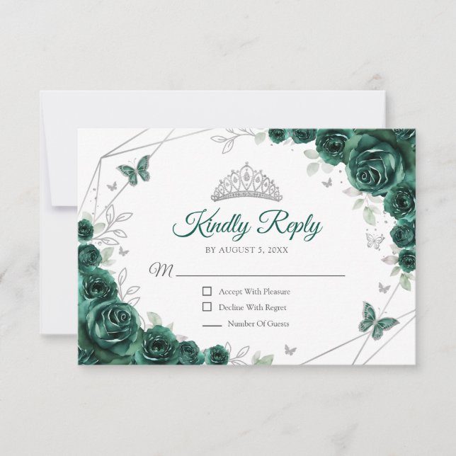 Tarjeta De Confirmación De Asistencia Quinceanera Emerald Green Silver Floral Reply (Anverso)