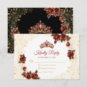 Tarjeta De Confirmación De Asistencia Quinceañera Floral Rosa Tiara Dorada Negra y Roja