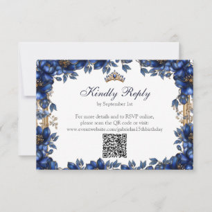 Tarjeta De Confirmación De Asistencia Quinceañera Floral Tiara Dorada Azul Real