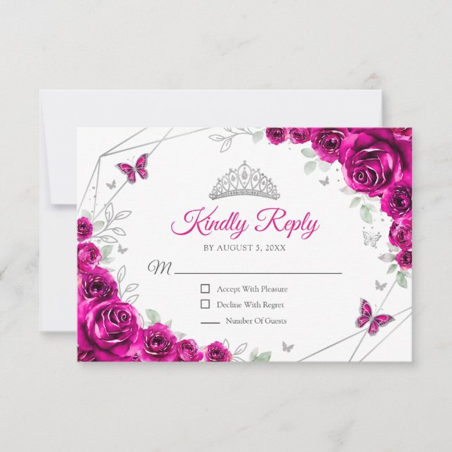 Tarjeta De Confirmación De Asistencia Quinceanera Fuchsia Pink Silver Floral Reply (Anverso)