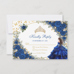 Tarjeta De Confirmación De Asistencia Quinceañera Mariposas Doradas Azul Real