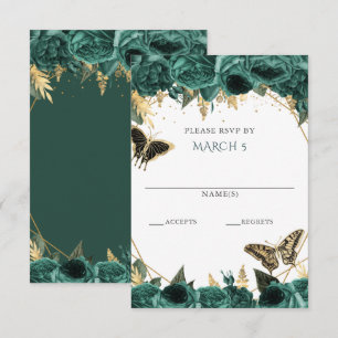 Tarjeta De Confirmación De Asistencia Quinceañera Mariposas Florales Doradas Verde Esmer