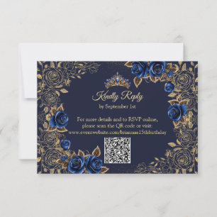 Tarjeta De Confirmación De Asistencia Quinceañera Mariposas Tiara Dorada Azul Marino