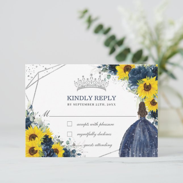 Tarjeta De Confirmación De Asistencia Quinceañera Nacimiento Naval Azul Girasol Floral (Anverso de pie)