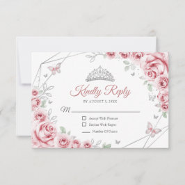 Tarjeta De Confirmación De Asistencia Quinceanera Pink Silver Floral Reply