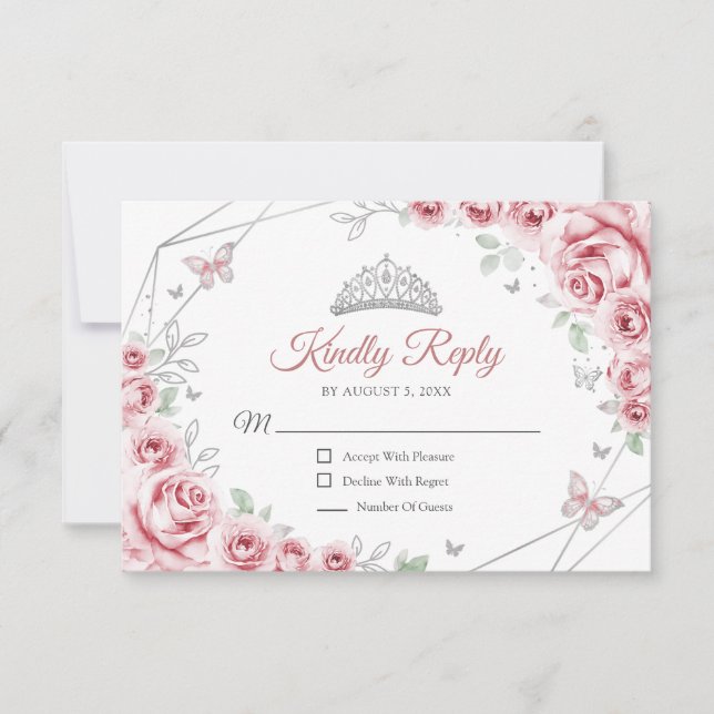Tarjeta De Confirmación De Asistencia Quinceanera Pink Silver Floral Reply (Anverso)