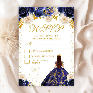 Tarjeta De Confirmación De Asistencia Quinceañera Princesa Floral Azul Marino