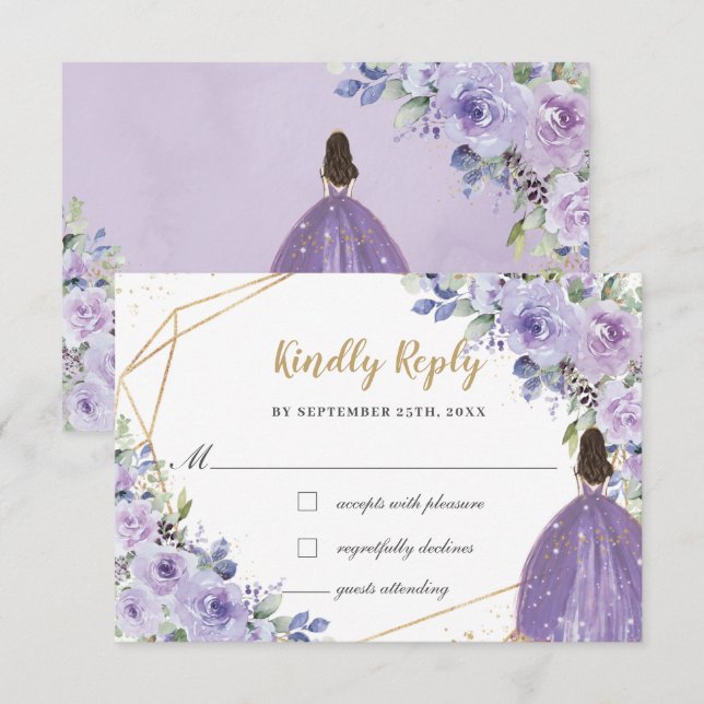 Tarjeta De Confirmación De Asistencia Quinceañera Princesa Morada Floral Lilac (Anverso / Reverso)