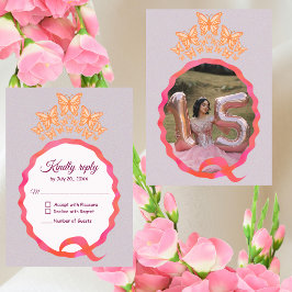 Tarjeta De Confirmación De Asistencia Quinceañera Princess Butterfly Crown Squiggle