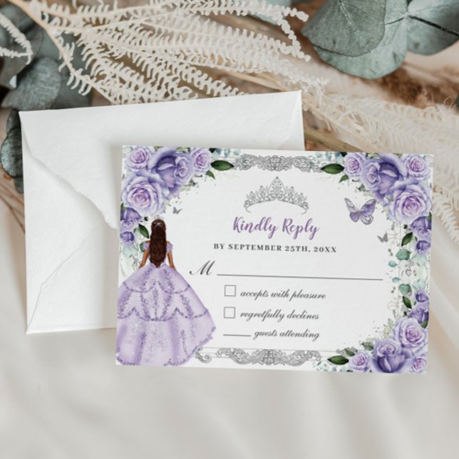 Tarjeta De Confirmación De Asistencia Quinceañera Purple Lavender Floral Princesa Vestid (Subido por el creador)