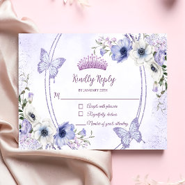 Tarjeta De Confirmación De Asistencia Quinceañera Purple Lilac Floral Tiara Butterflies