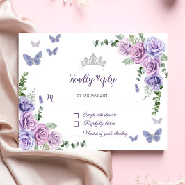 Tarjeta De Confirmación De Asistencia Quinceañera Purple Lilac Floral Tiara Butterflies