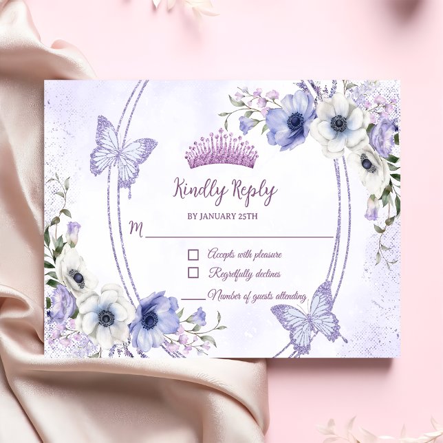 Tarjeta De Confirmación De Asistencia Quinceañera Purple Lilac Floral Tiara Butterflies (Subido por el creador)