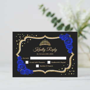 Tarjeta De Confirmación De Asistencia Quinceañera Real Azul Royal Oro Negro