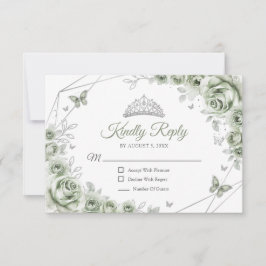 Tarjeta De Confirmación De Asistencia Quinceanera Sage Green Silver Floral Reply