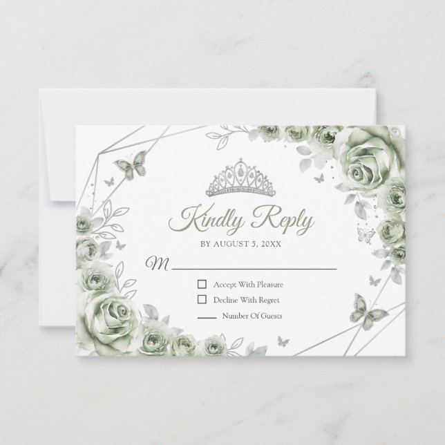 Tarjeta De Confirmación De Asistencia Quinceanera Sage Green Silver Floral Reply (Anverso)