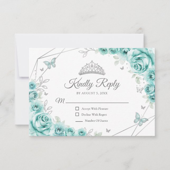 Tarjeta De Confirmación De Asistencia Quinceanera Turquoise Silver Floral Reply (Anverso)