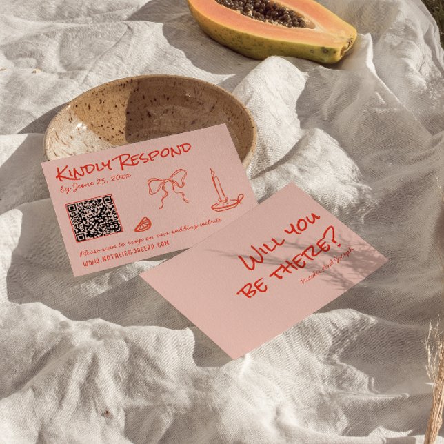 Tarjeta De Confirmación De Asistencia Quirky Hand Drawn Pink Red Unique QR Code Wedding (Subido por el creador)