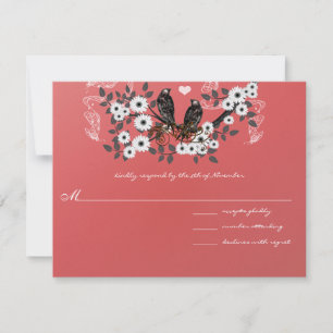 Tarjeta De Confirmación De Asistencia Rama de flores rojas Pájaros de amor vintage Boda 