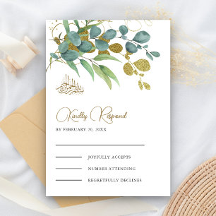 Tarjeta De Confirmación De Asistencia Rama de oro de eucalipto rústico Boda islámica