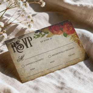 Tarjeta De Confirmación De Asistencia Ramos de rosas rojas opciones de comida para boda 