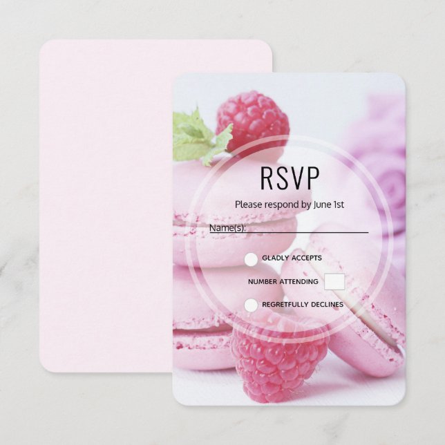 Tarjeta De Confirmación De Asistencia Raspberry rosa Macarons Foto pastelería francesa (Anverso / Reverso)