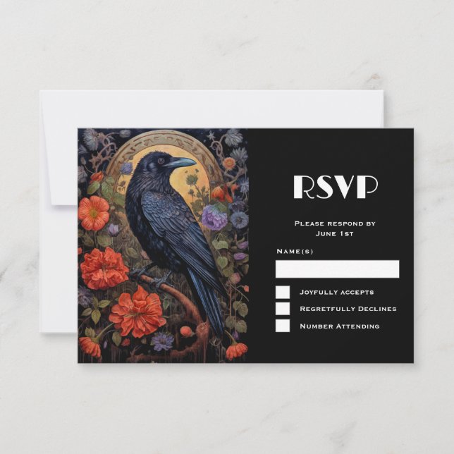 Tarjeta De Confirmación De Asistencia Raven negro con flores Boda de diseño gótico (Anverso)