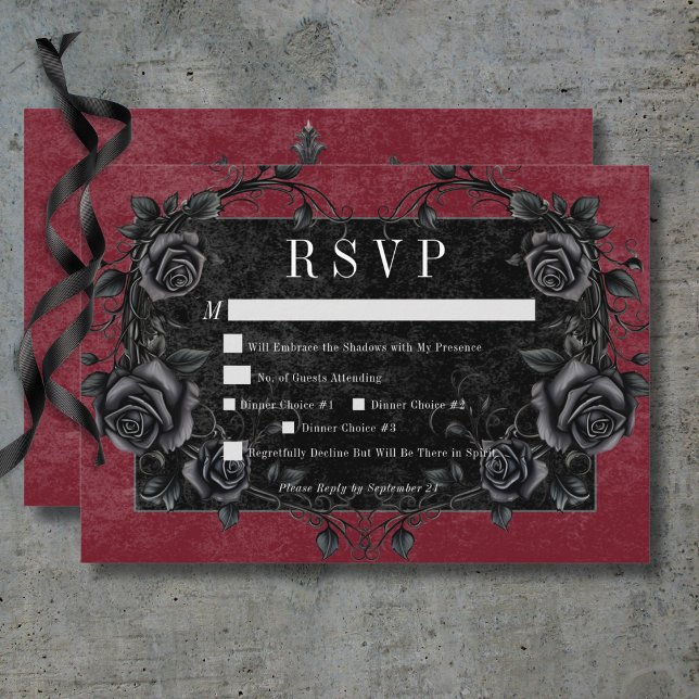 Tarjeta De Confirmación De Asistencia Raven negro gótico y cena de vino Rosas negros (Gothic Black Raven & Black Roses Wine Dinner RSVP Card)