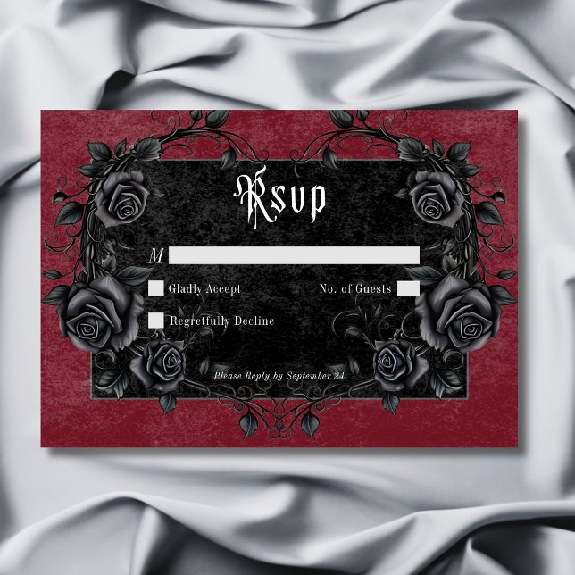 Tarjeta De Confirmación De Asistencia Raven negro gótico y Rosas Borgoña sin cena (Gothic Black Raven & Roses Burgundy No Dinner RSVP Card)
