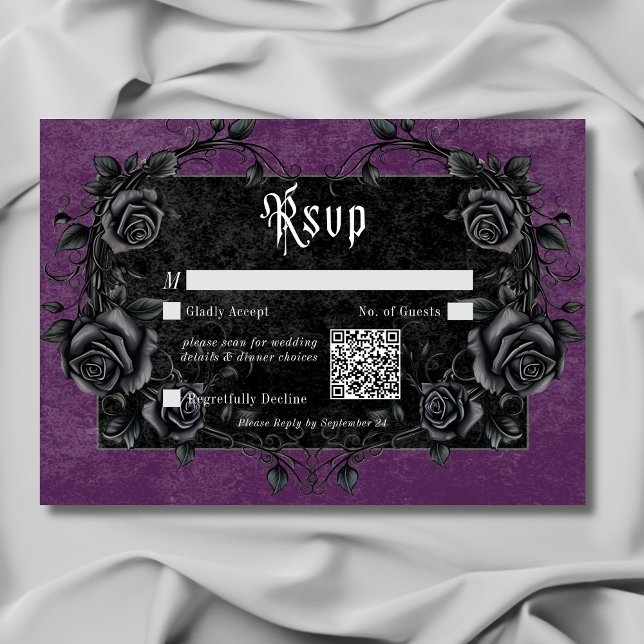 Tarjeta De Confirmación De Asistencia Raven negro gótico y Rosas código QR púrpura (Gothic Black Raven & Roses Purple QR Code RSVP Card)