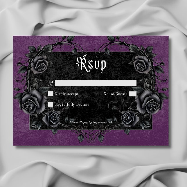 Tarjeta De Confirmación De Asistencia Raven negro gótico y Rosas morado sin cena (Gothic Black Raven & Roses Purple No Dinner RSVP Card)