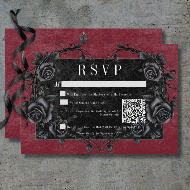 Tarjeta De Confirmación De Asistencia Raven negro gótico y Rosas negros Wine QR Code (Gothic Black Raven & Black Roses Wine QR Code RSVP Card)