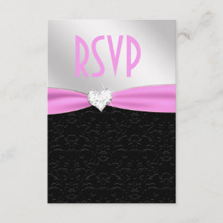Tarjeta De Confirmación De Asistencia Rayo rosa claro negro floral Damask Diamond Heart 