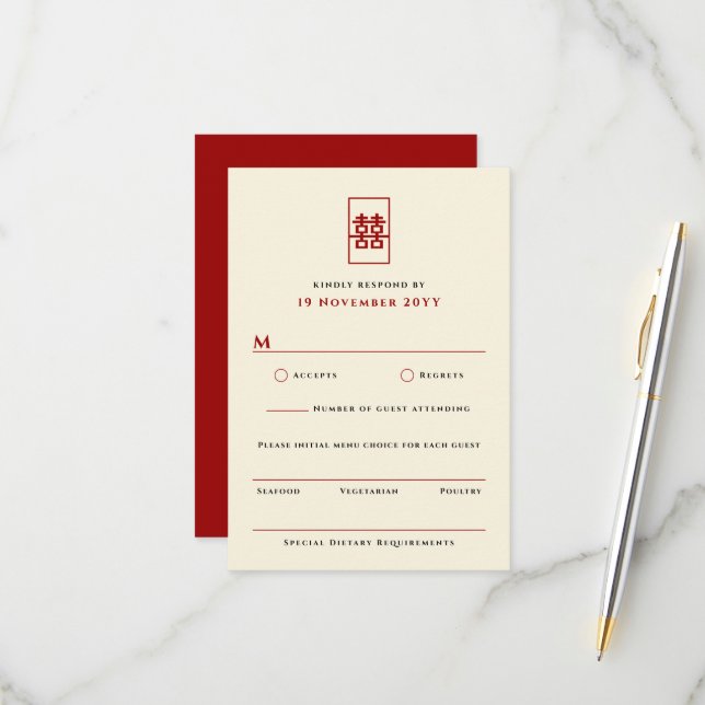 Tarjeta De Confirmación De Asistencia Rectángulo simple doble felicidad Boda chino (Anverso/Reverso In Situ)