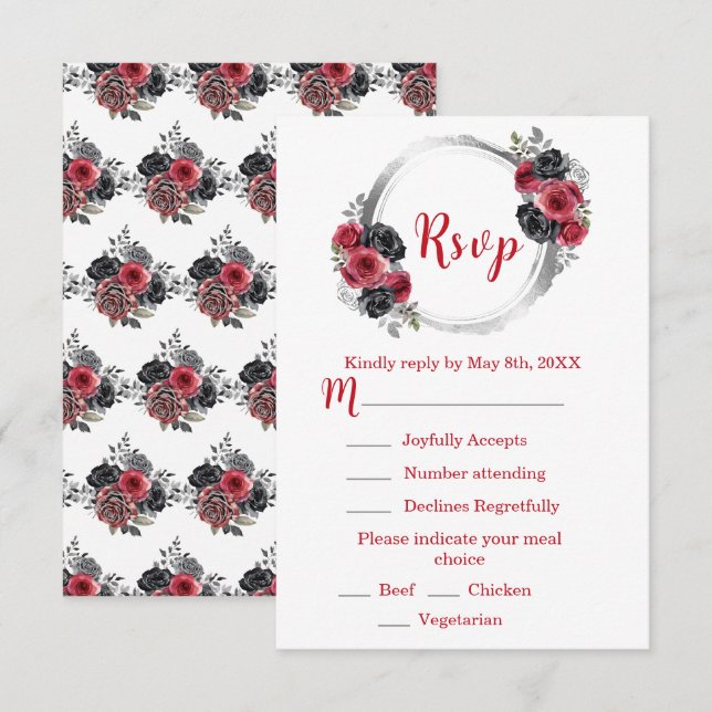 Tarjeta De Confirmación De Asistencia Red and Silver Elegant Flowers Sweet Sixteen (Anverso / Reverso)