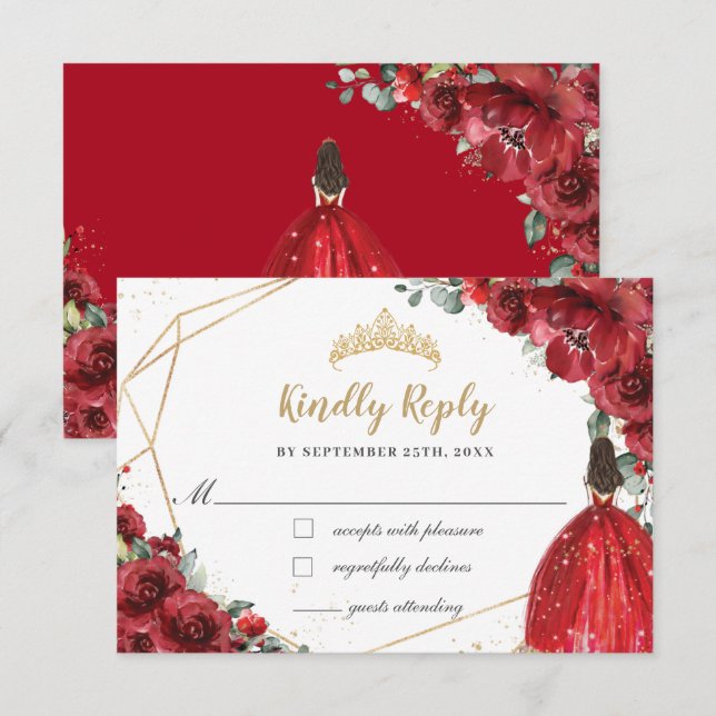 Tarjeta De Confirmación De Asistencia Red Floral Gold Princesa Quinceañera Responder (Anverso / Reverso)